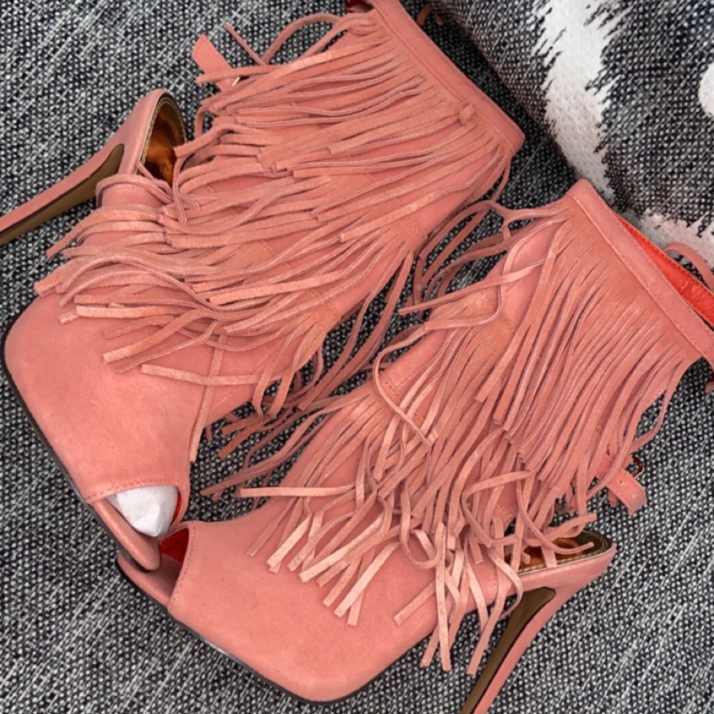 Fringed high heeled booties. Blush Pink, size 10.